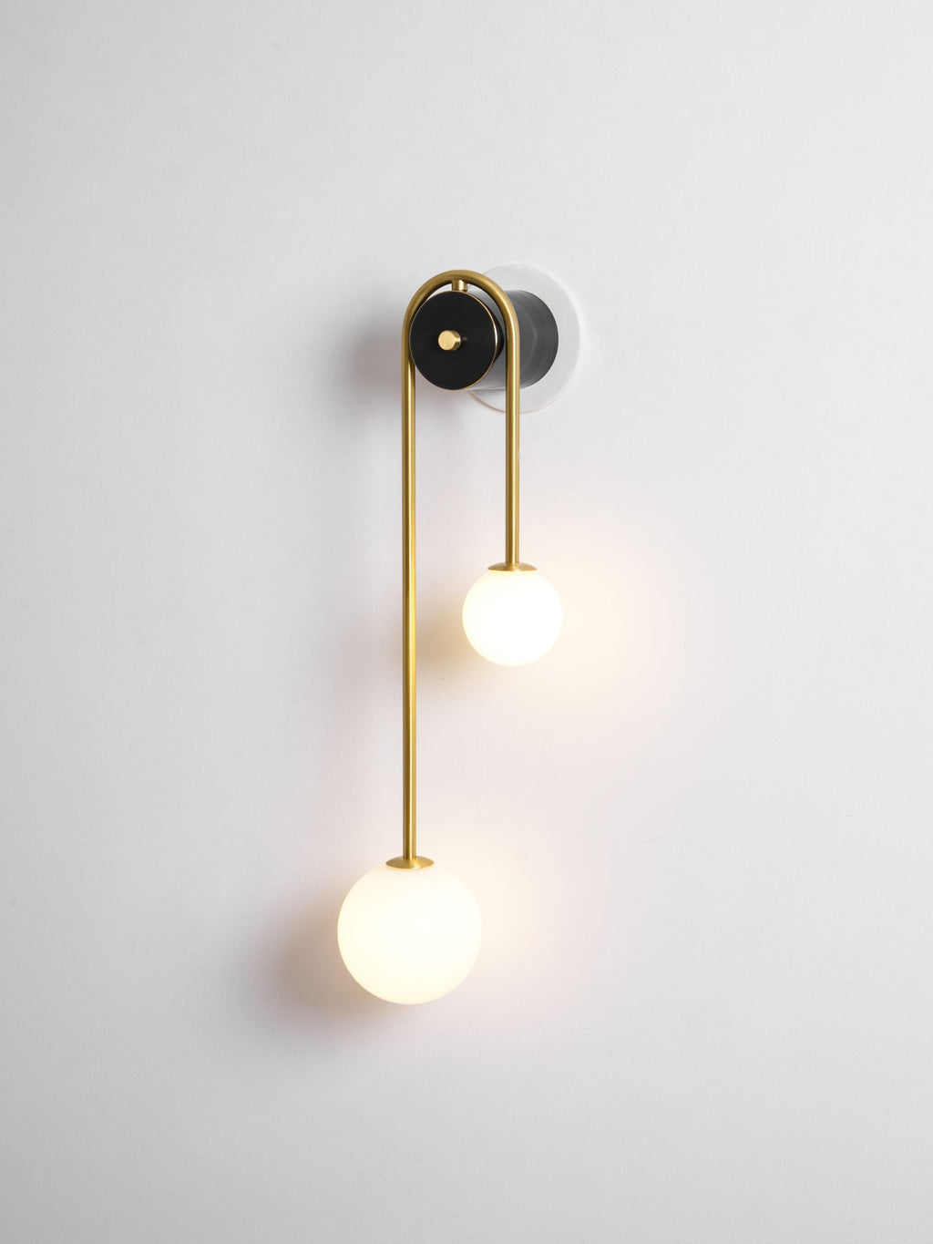 Brass Arc Wall Light, Curved Arm, Two White Glass Shades, G9