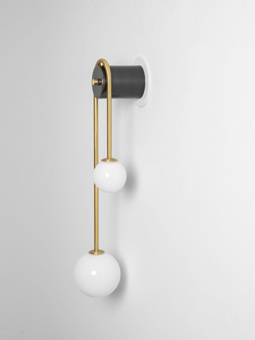 Brass Arc Wall Light, Curved Arm, Two White Glass Shades, G9