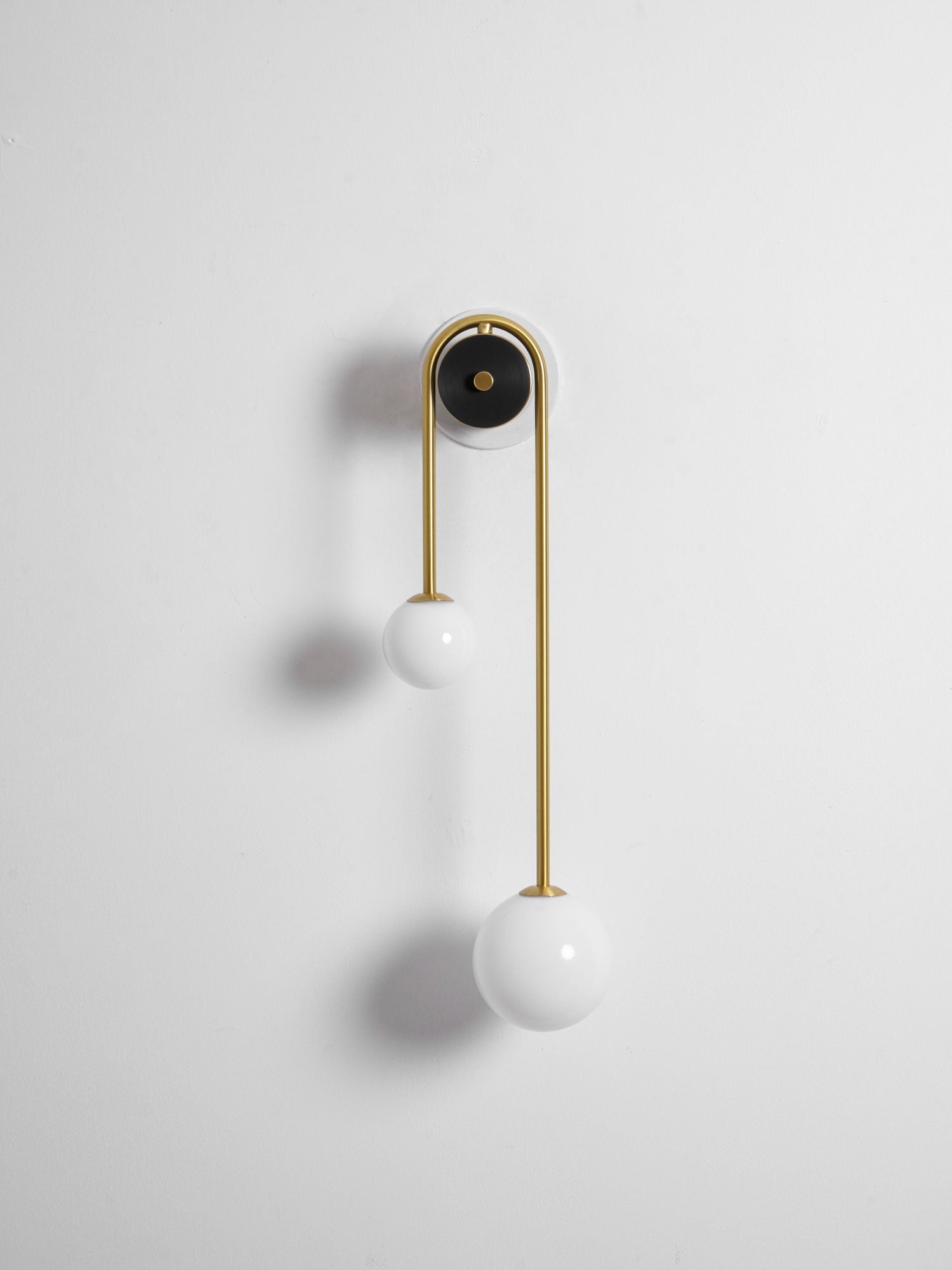 Brass Arc Wall Light, Curved Arm, Two White Glass Shades, G9
