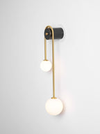 Brass Arc Wall Light, Curved Arm, Two White Glass Shades, G9