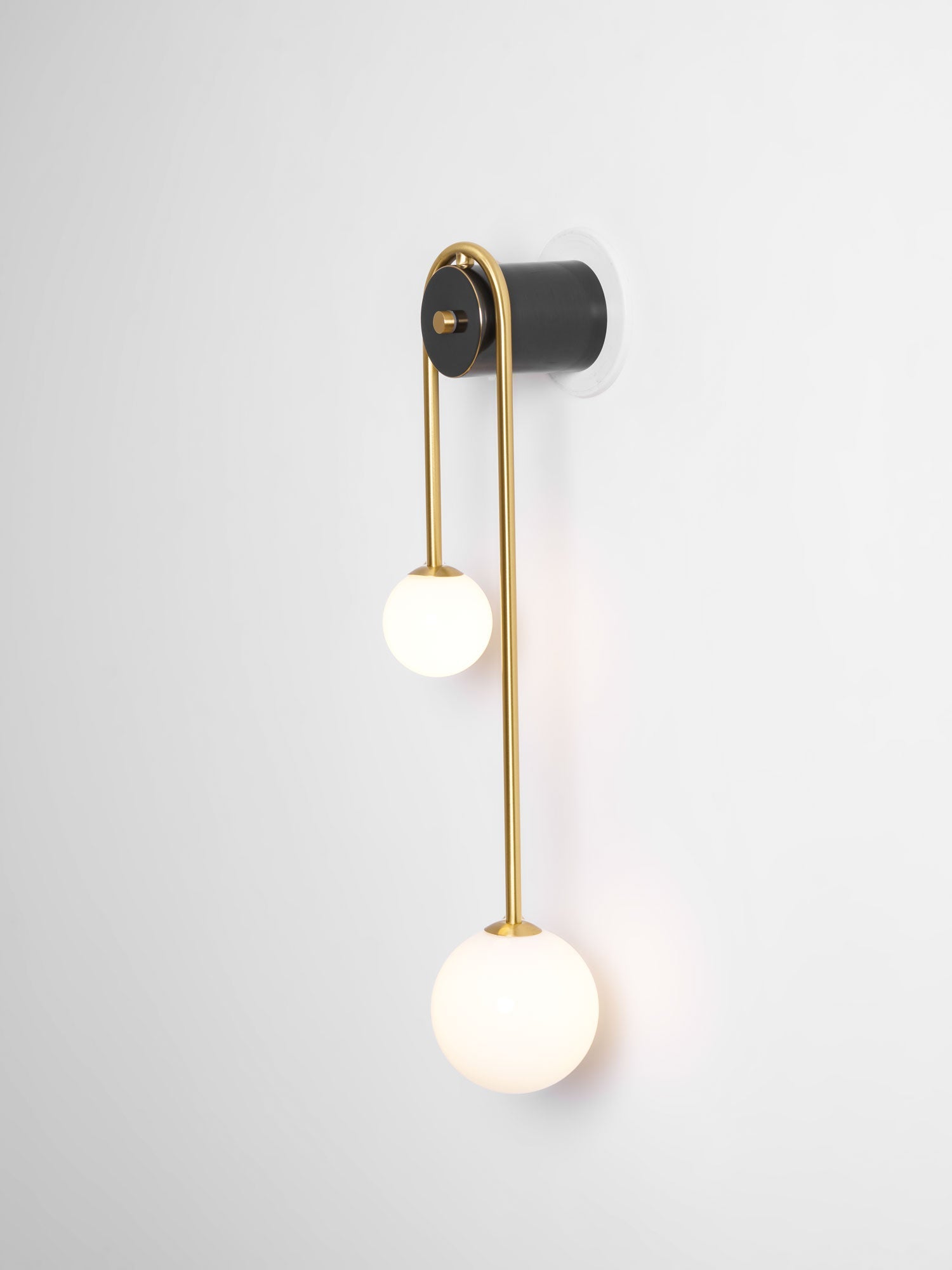 Brass Arc Wall Light, Curved Arm, Two White Glass Shades, G9