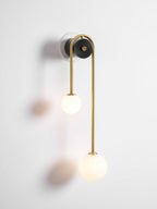 Brass Arc Wall Light, Curved Arm, Two White Glass Shades, G9