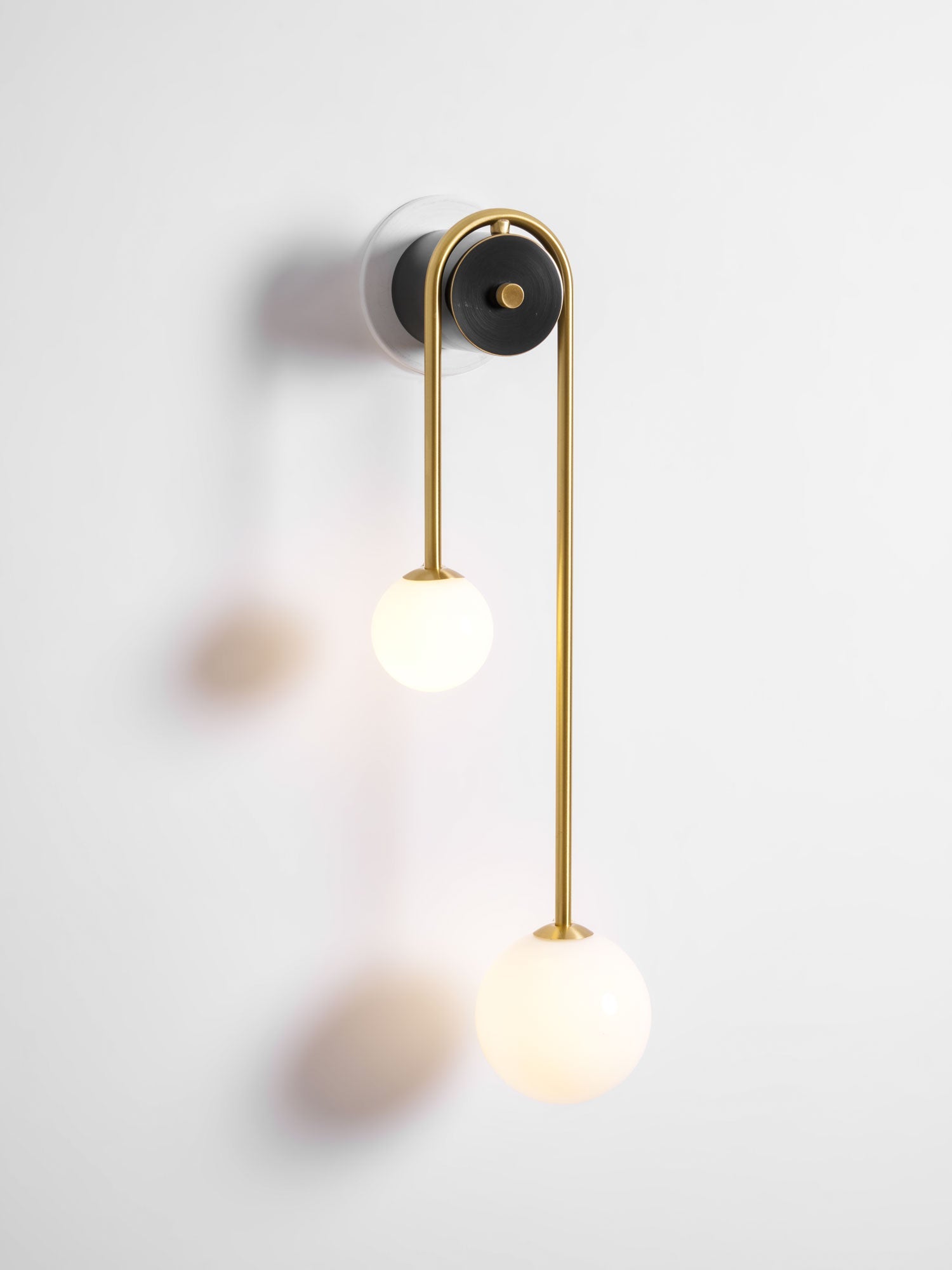 Brass Arc Wall Light, Curved Arm, Two White Glass Shades, G9
