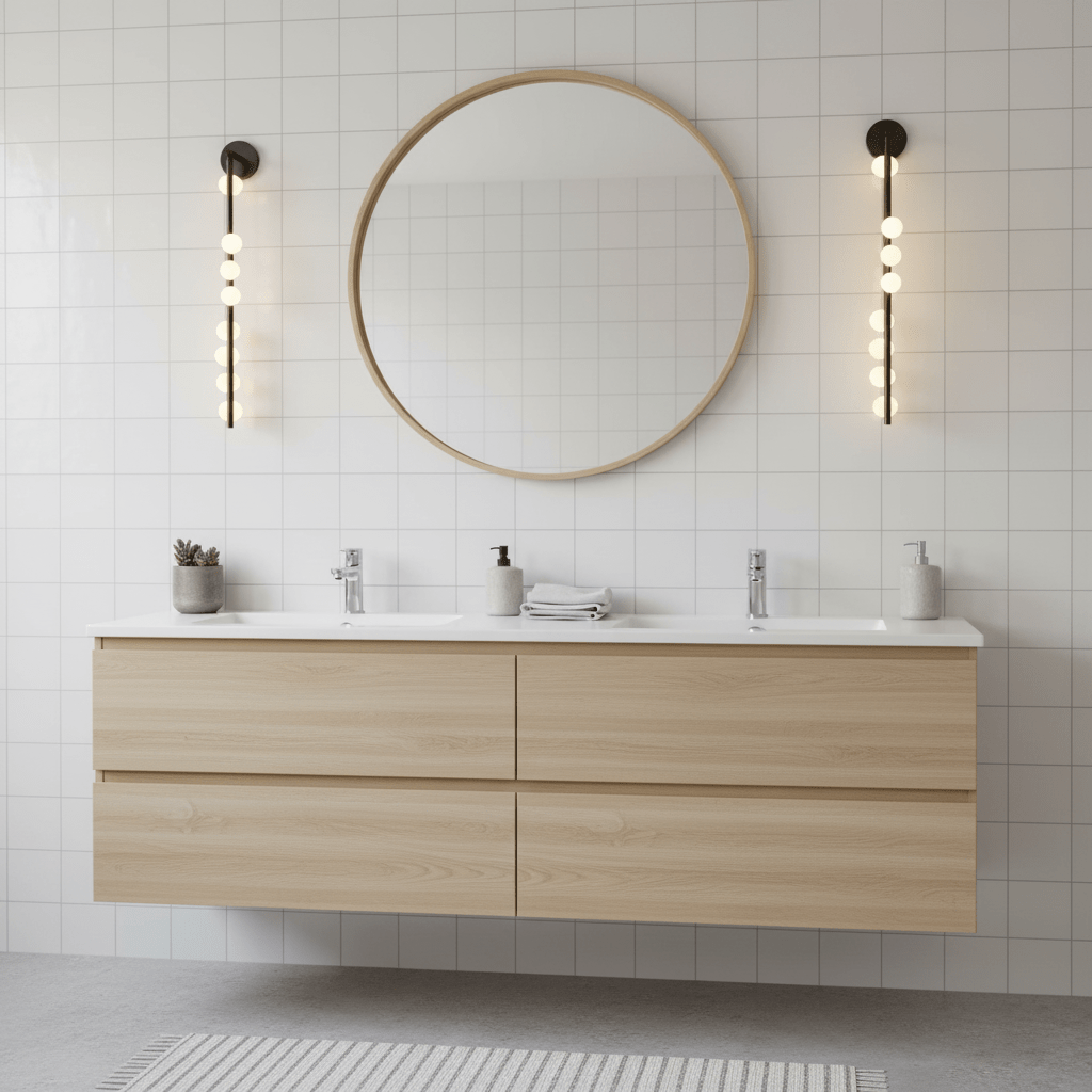 Glass tube wall lamp in brass with softly lit white glass globes