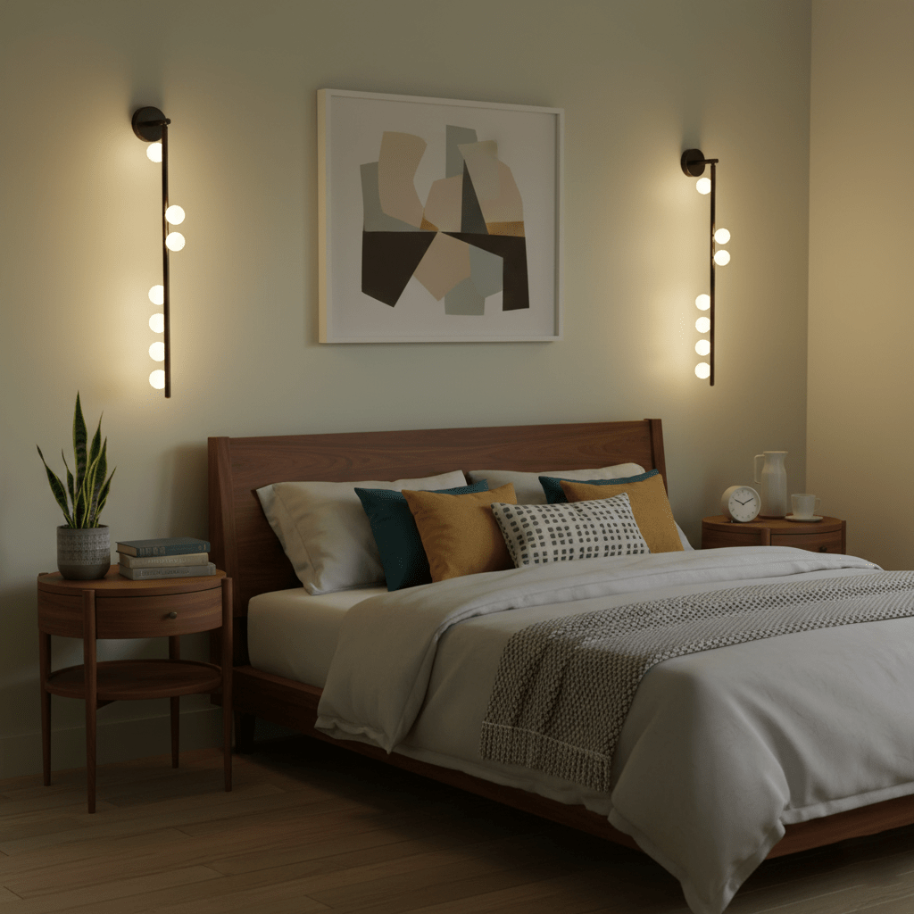 Brass glass tube wall lamp shown as a vertical row of orbs