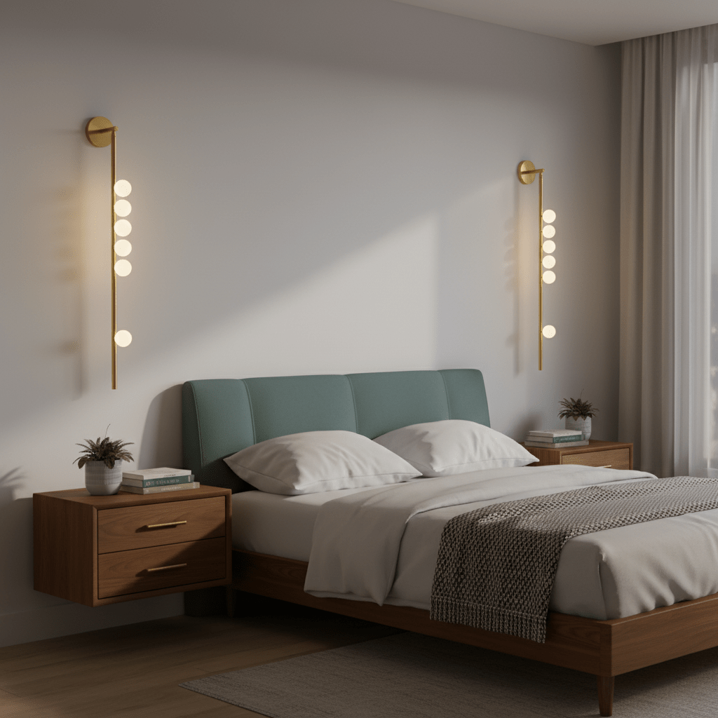 Glass tube wall lamp in brass arranged horizontally with lit orbs