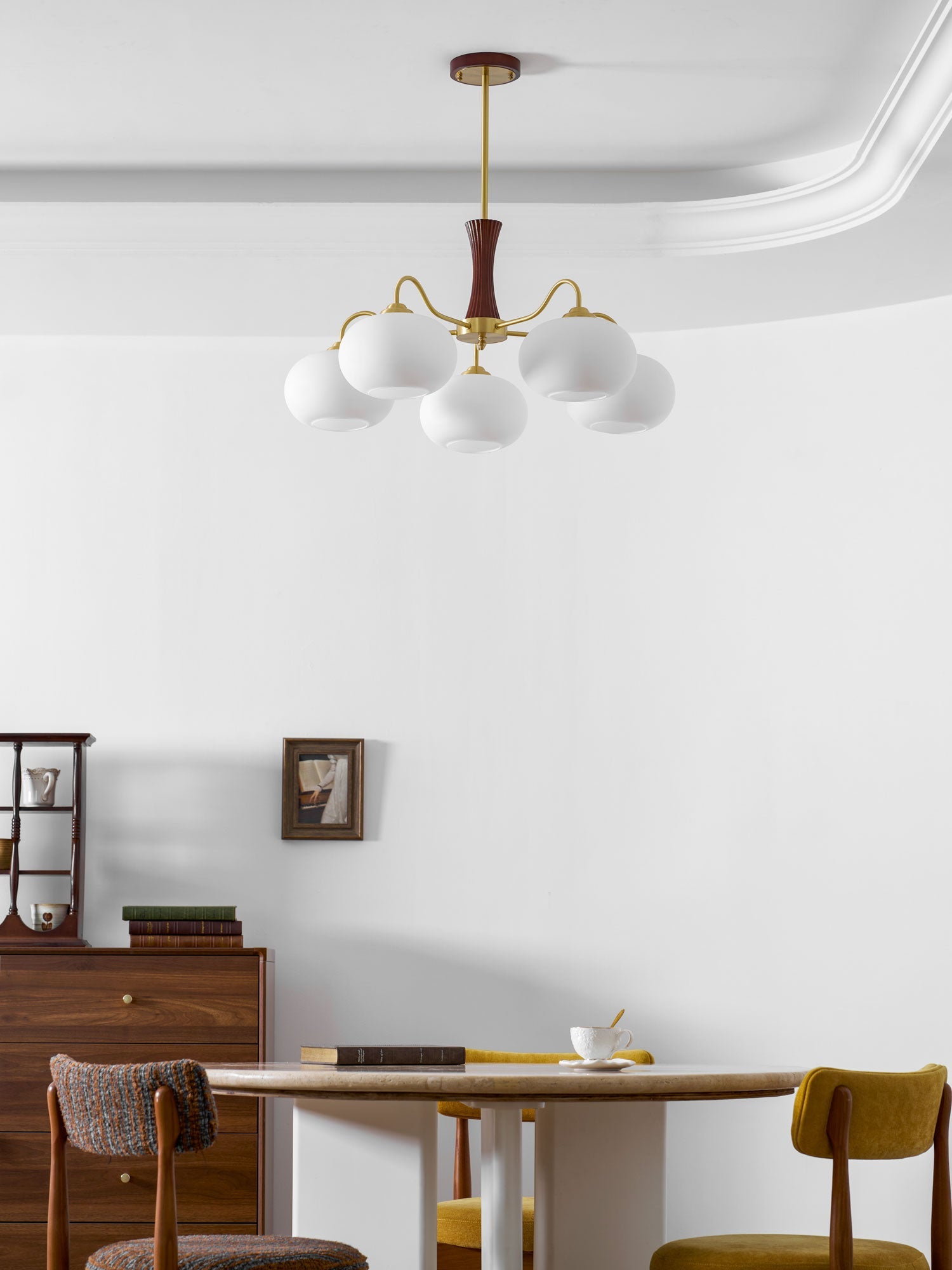 Chandelier, Persimmon Brass & Wood, White Glass Shades, E26/E27