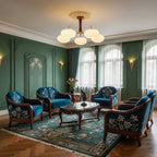 Chandelier, Persimmon Brass & Wood, White Glass Shades, E26/E27