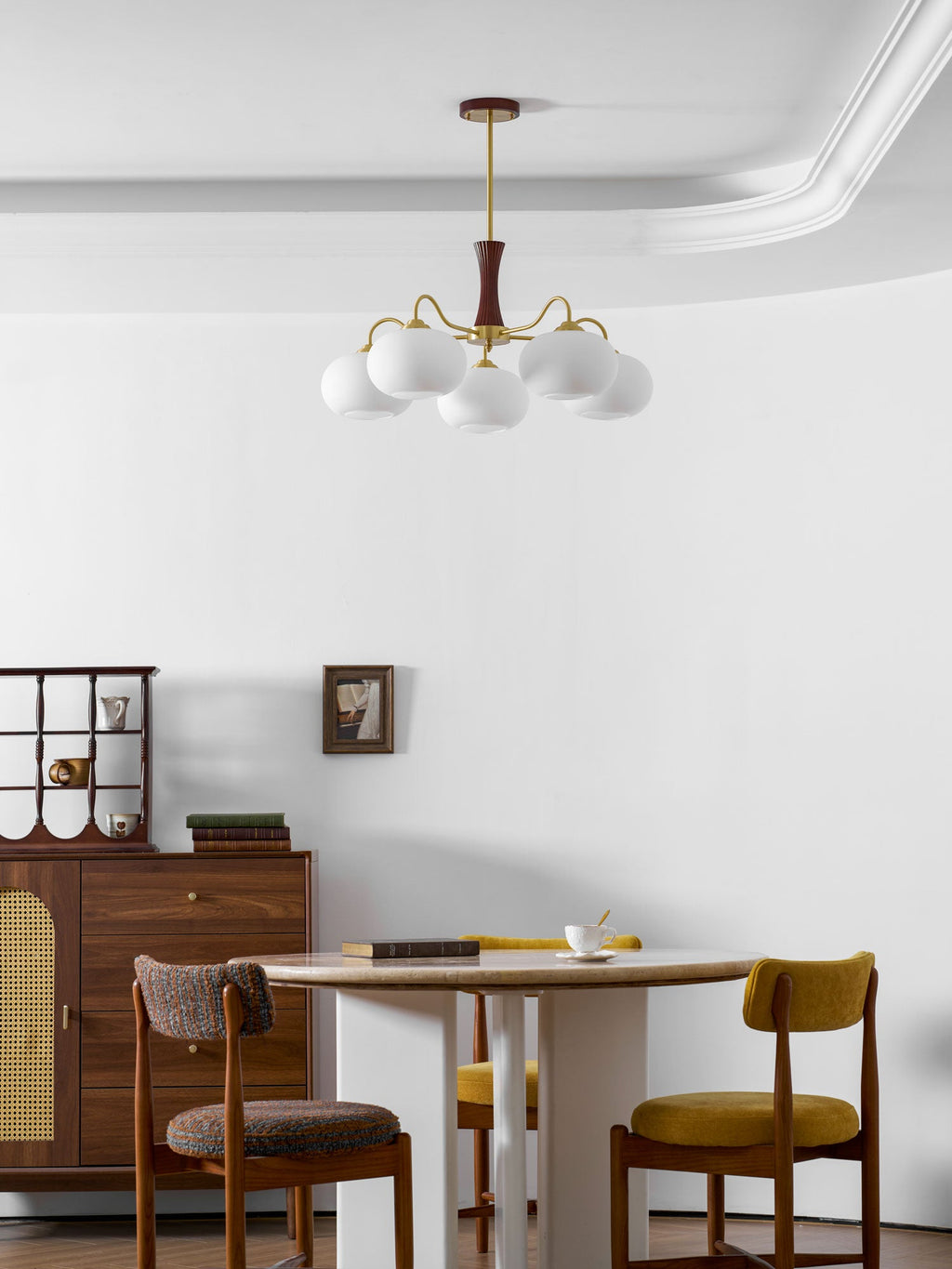 Chandelier, Persimmon Brass & Wood, White Glass Shades, E26/E27