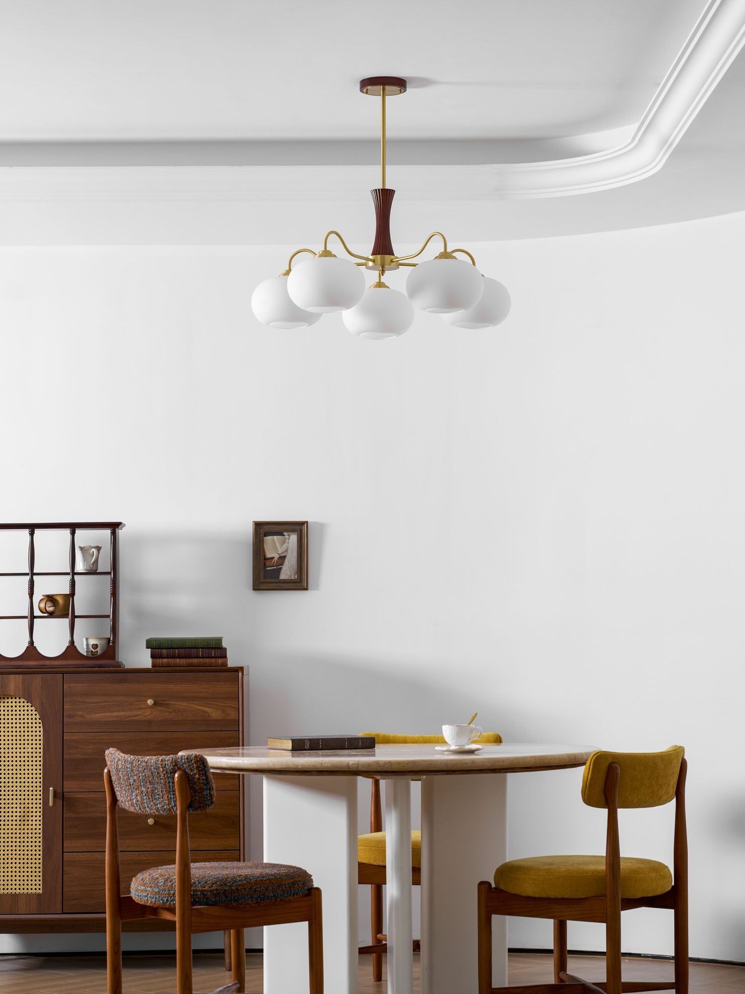 Chandelier, Persimmon Brass & Wood, White Glass Shades, E26/E27