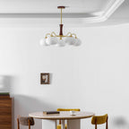 Chandelier, Persimmon Brass & Wood, White Glass Shades, E26/E27