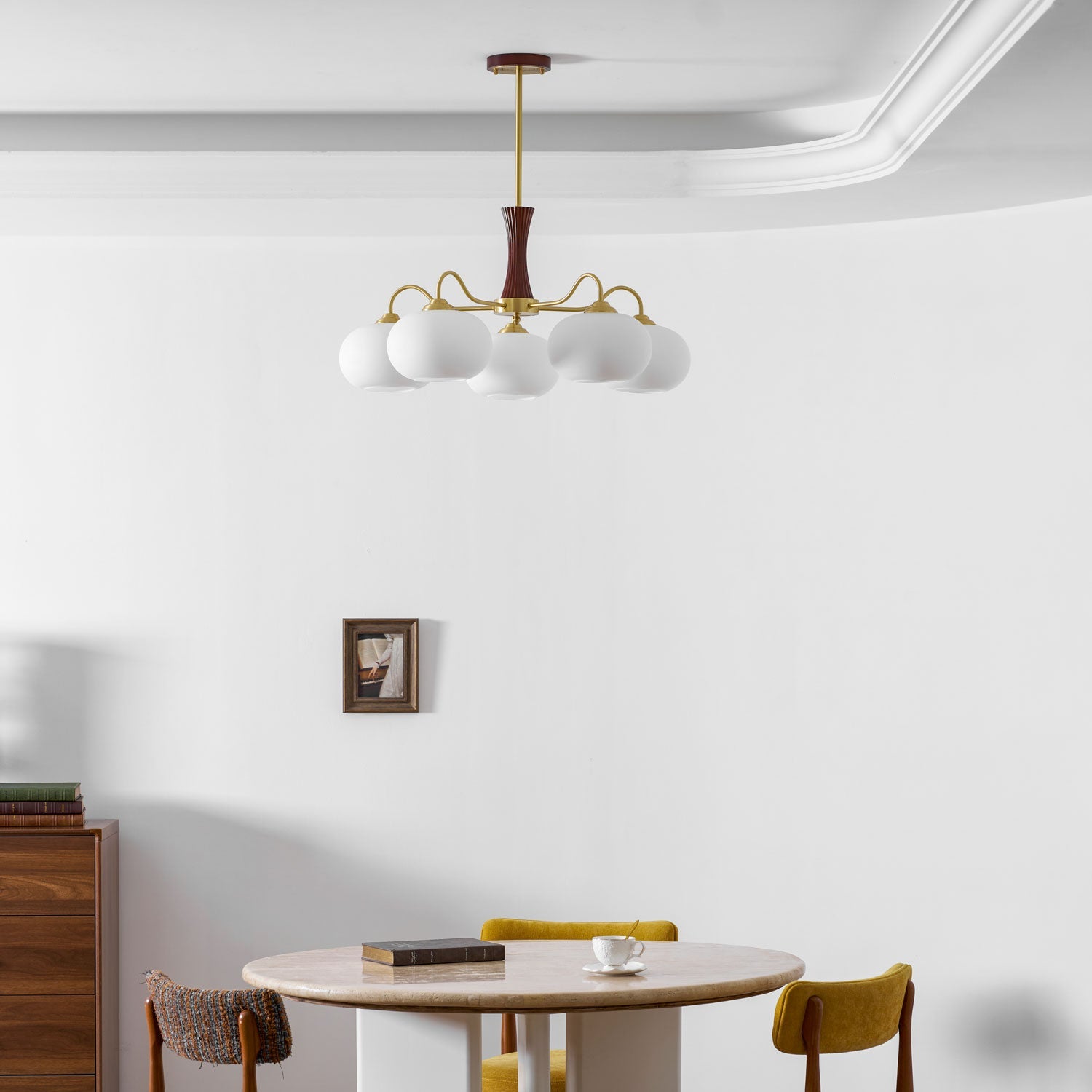 Chandelier, Persimmon Brass & Wood, White Glass Shades, E26/E27