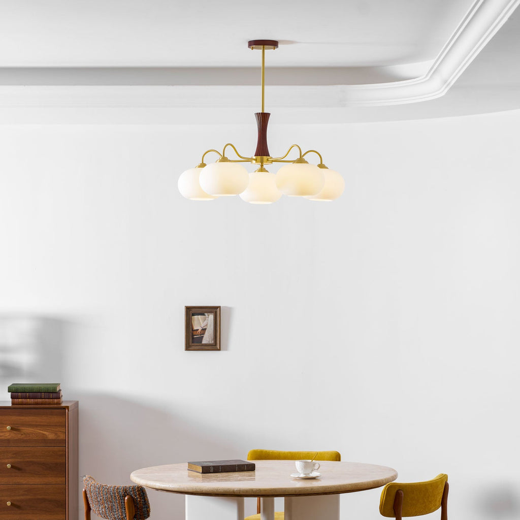 Chandelier, Persimmon Brass & Wood, White Glass Shades, E26/E27