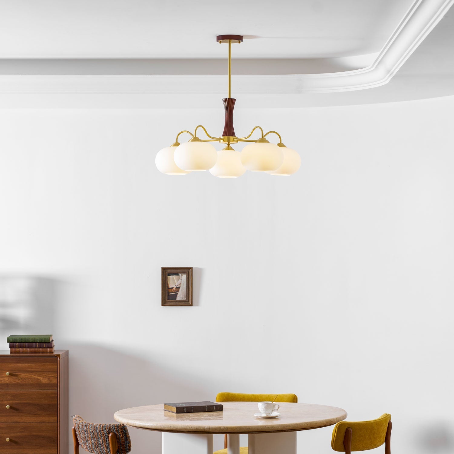 Chandelier, Persimmon Brass & Wood, White Glass Shades, E26/E27