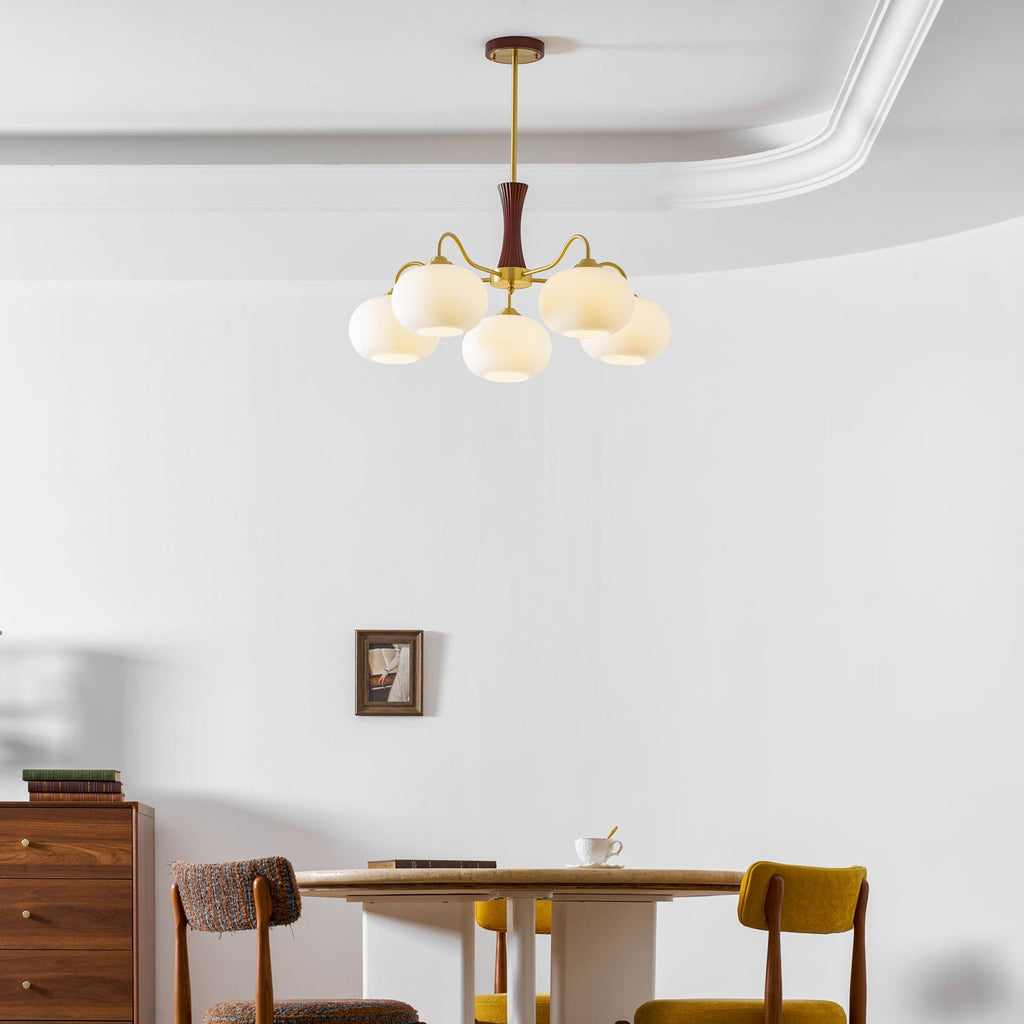 Chandelier, Persimmon Brass & Wood, White Glass Shades, E26/E27