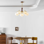 Chandelier, Persimmon Brass & Wood, White Glass Shades, E26/E27