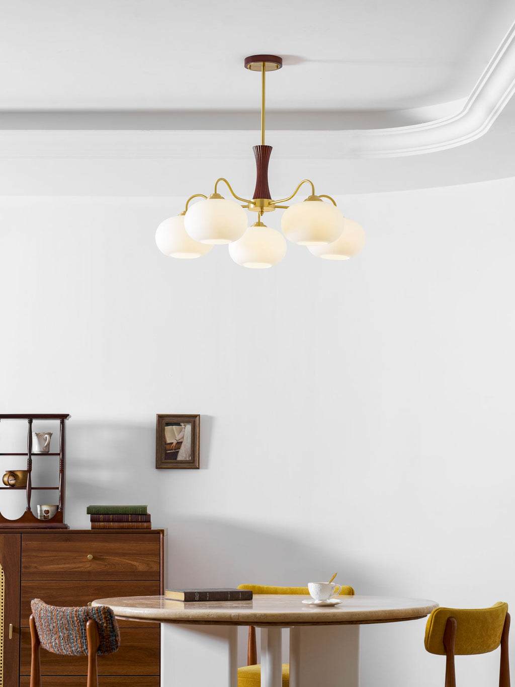 Chandelier, Persimmon Brass & Wood, White Glass Shades, E26/E27