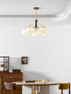 Chandelier, Persimmon Brass & Wood, White Glass Shades, E26/E27