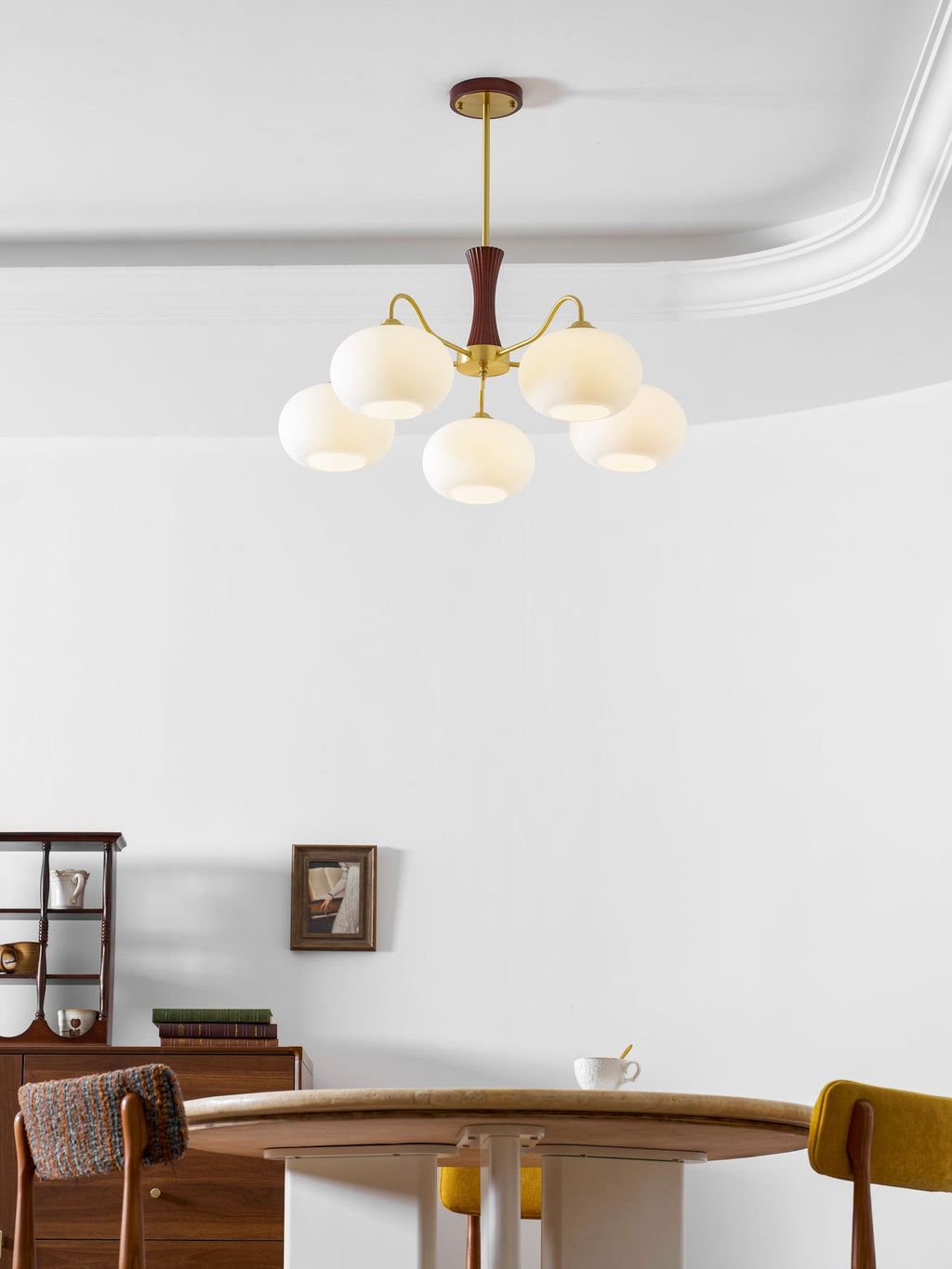 Chandelier, Persimmon Brass & Wood, White Glass Shades, E26/E27