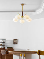 Chandelier, Persimmon Brass & Wood, White Glass Shades, E26/E27