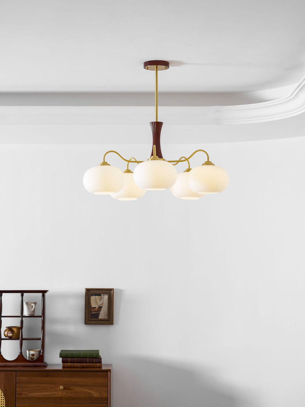 Chandelier, Persimmon Brass & Wood, White Glass Shades, E26/E27