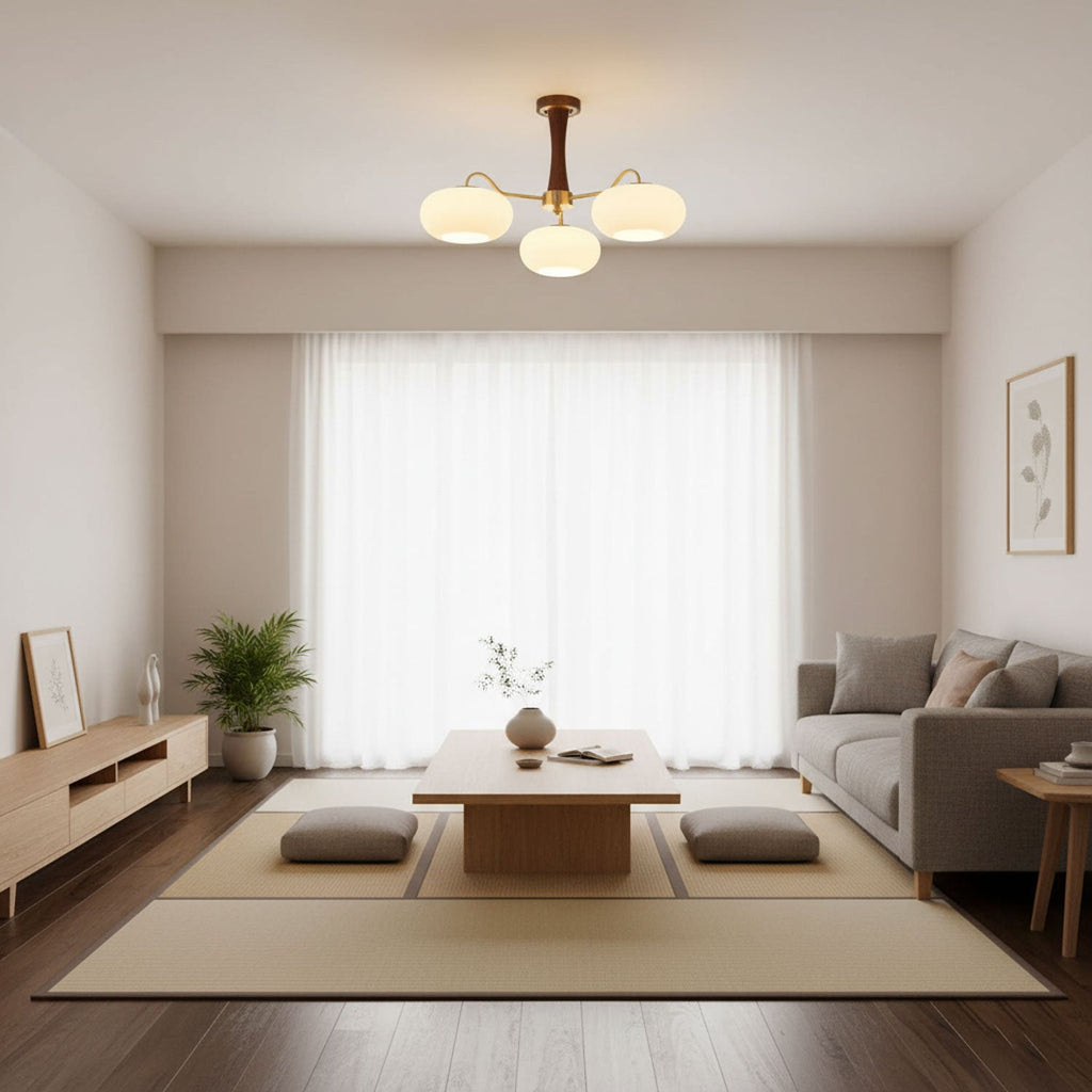 Chandelier, Persimmon Brass & Wood, White Glass Shades, E26/E27