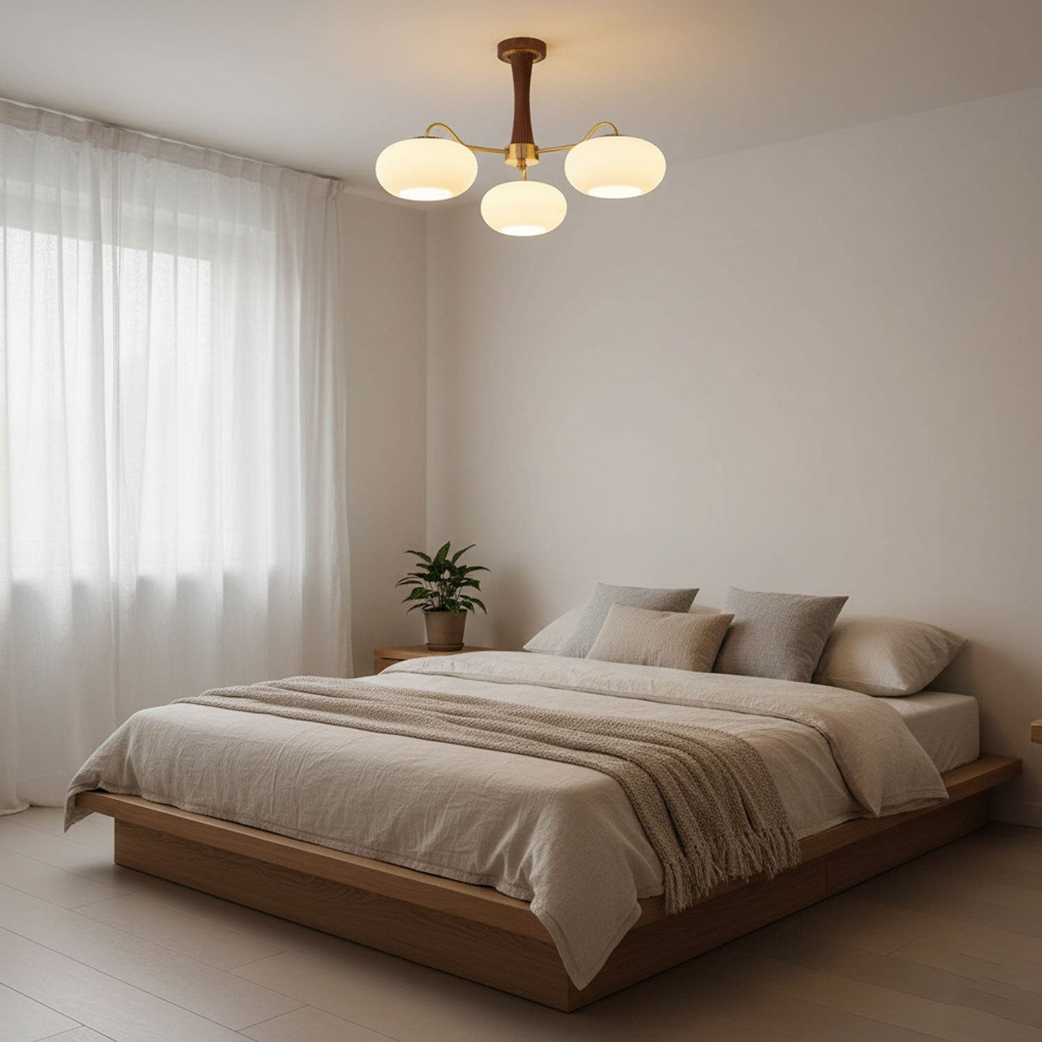 Chandelier, Persimmon Brass & Wood, White Glass Shades, E26/E27