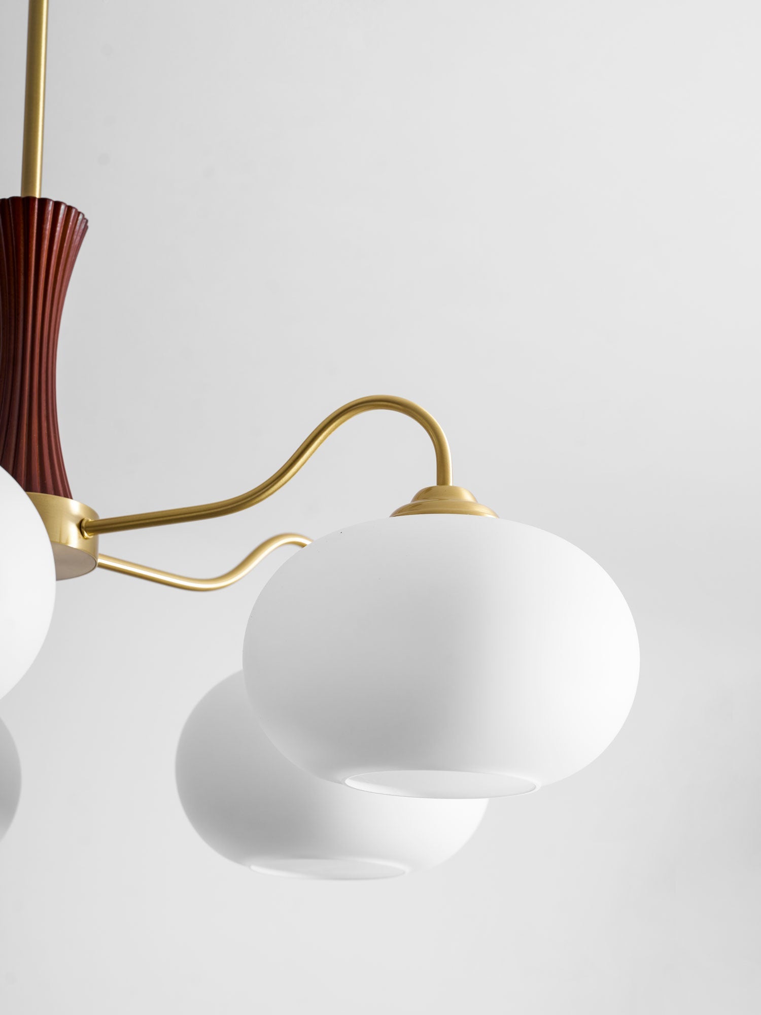 Chandelier, Persimmon Brass & Wood, White Glass Shades, E26/E27