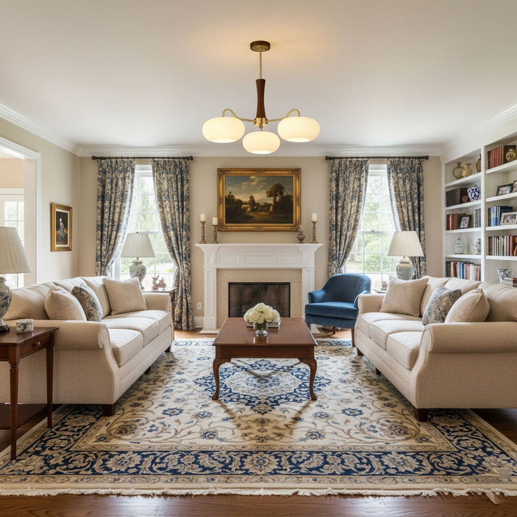 Chandelier, Persimmon Brass & Wood, White Glass Shades, E26/E27
