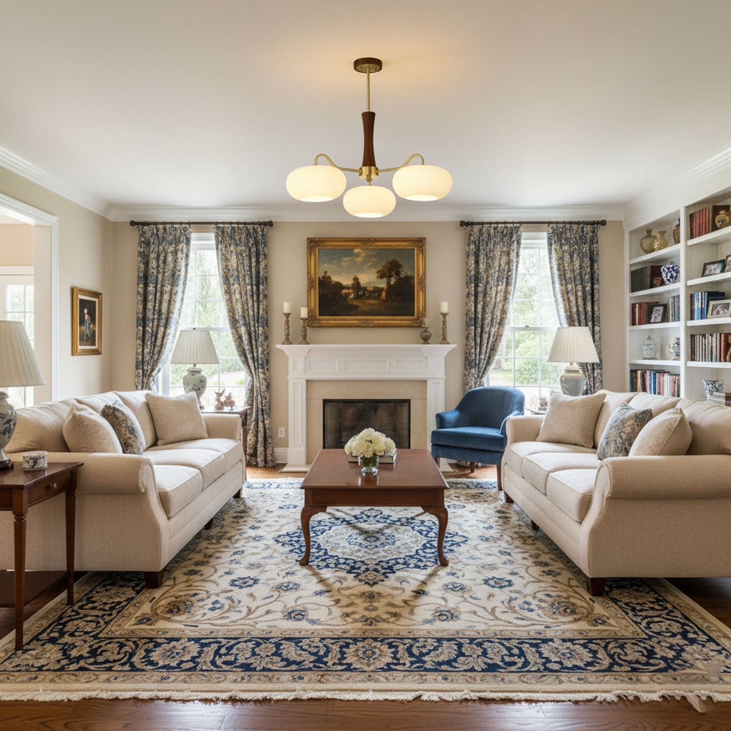 Chandelier, Persimmon Brass & Wood, White Glass Shades, E26/E27