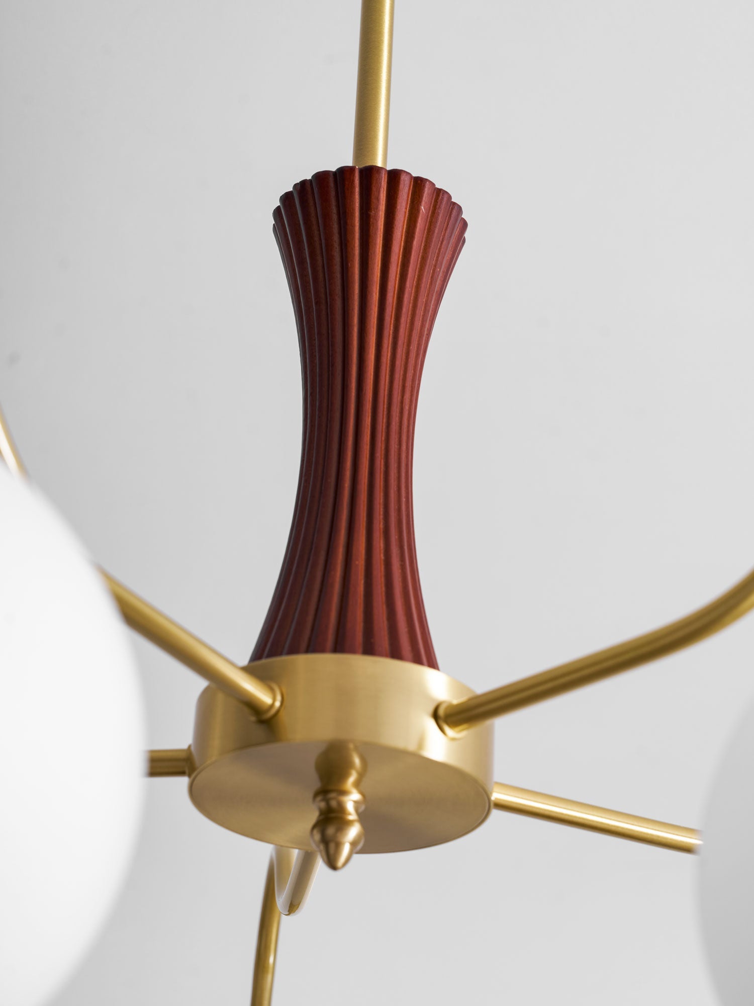 Chandelier, Persimmon Brass & Wood, White Glass Shades, E26/E27
