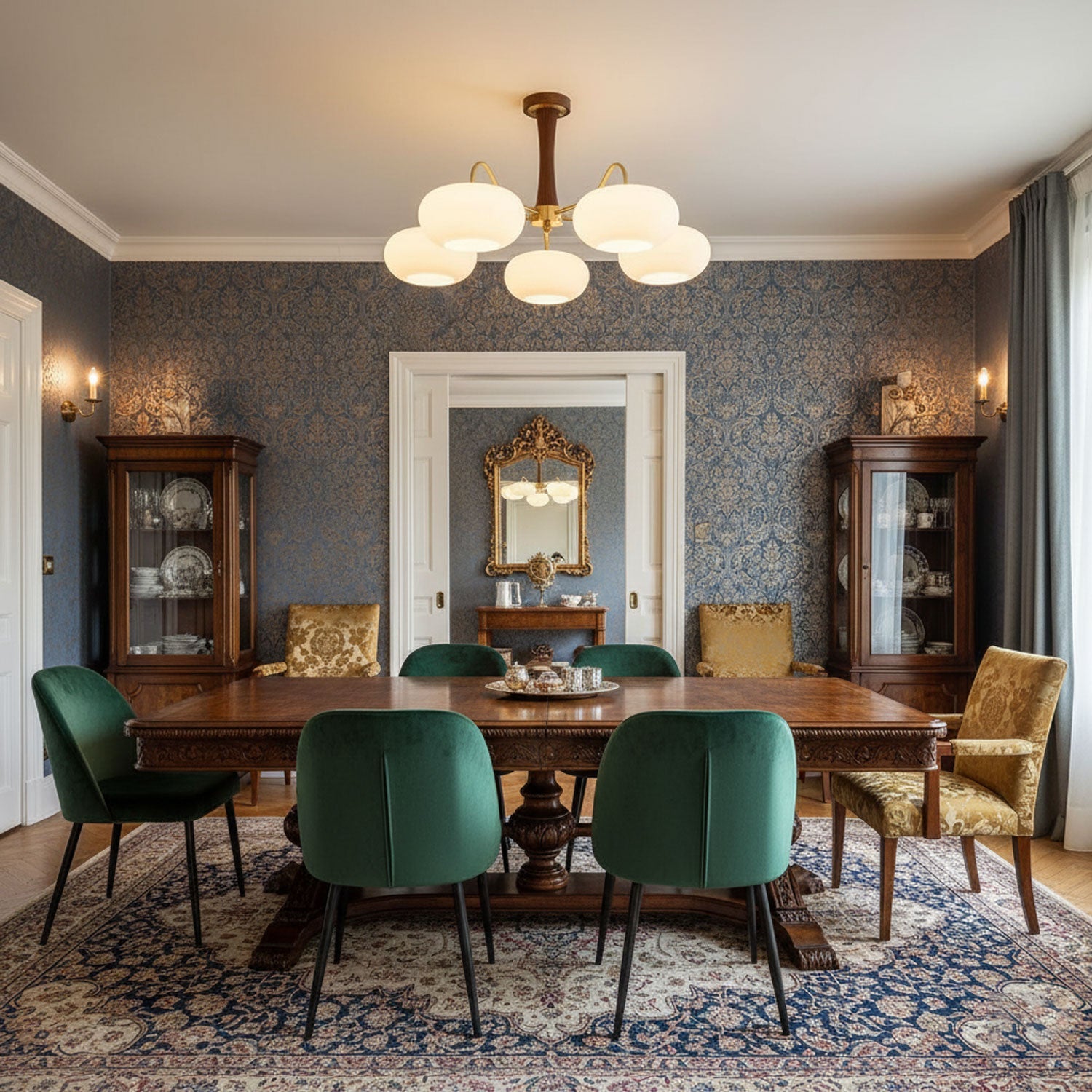 Brass chandelier with persimmon glass shades in a styled room