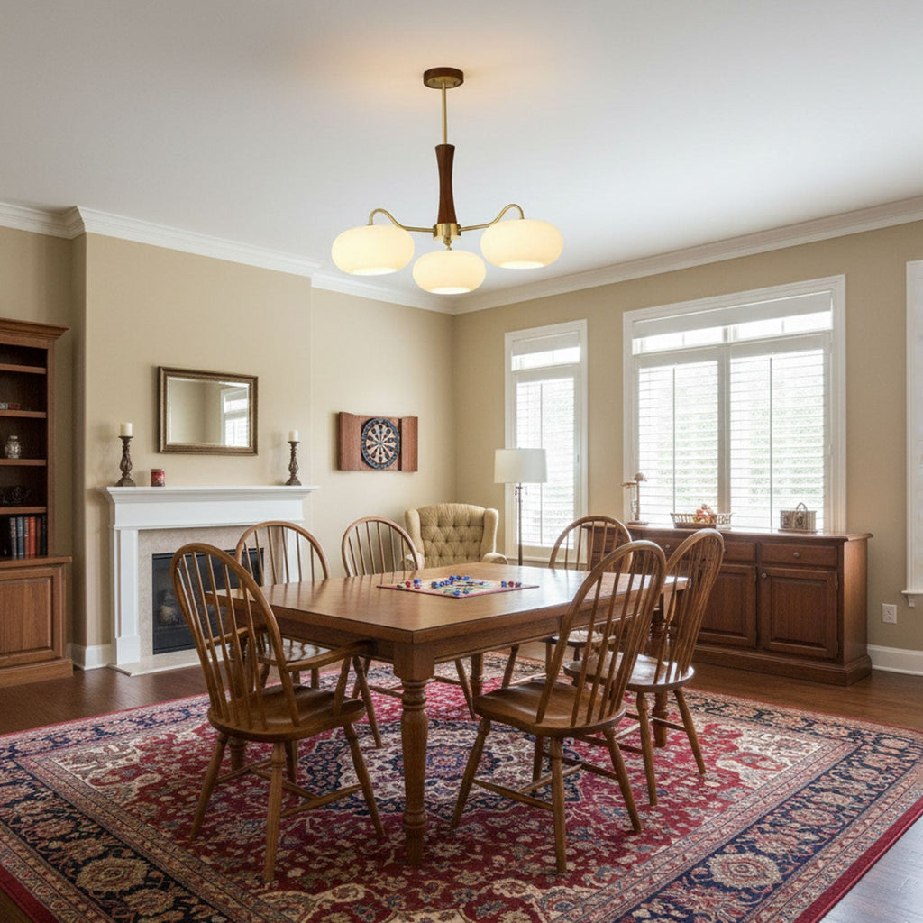 Chandelier, Persimmon Brass & Wood, White Glass Shades, E26/E27