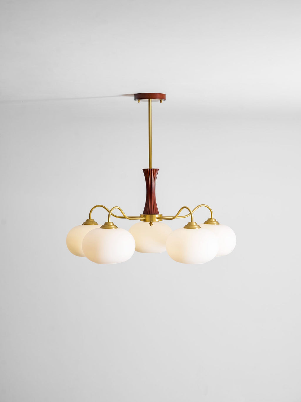 Chandelier, Persimmon Brass & Wood, White Glass Shades, E26/E27