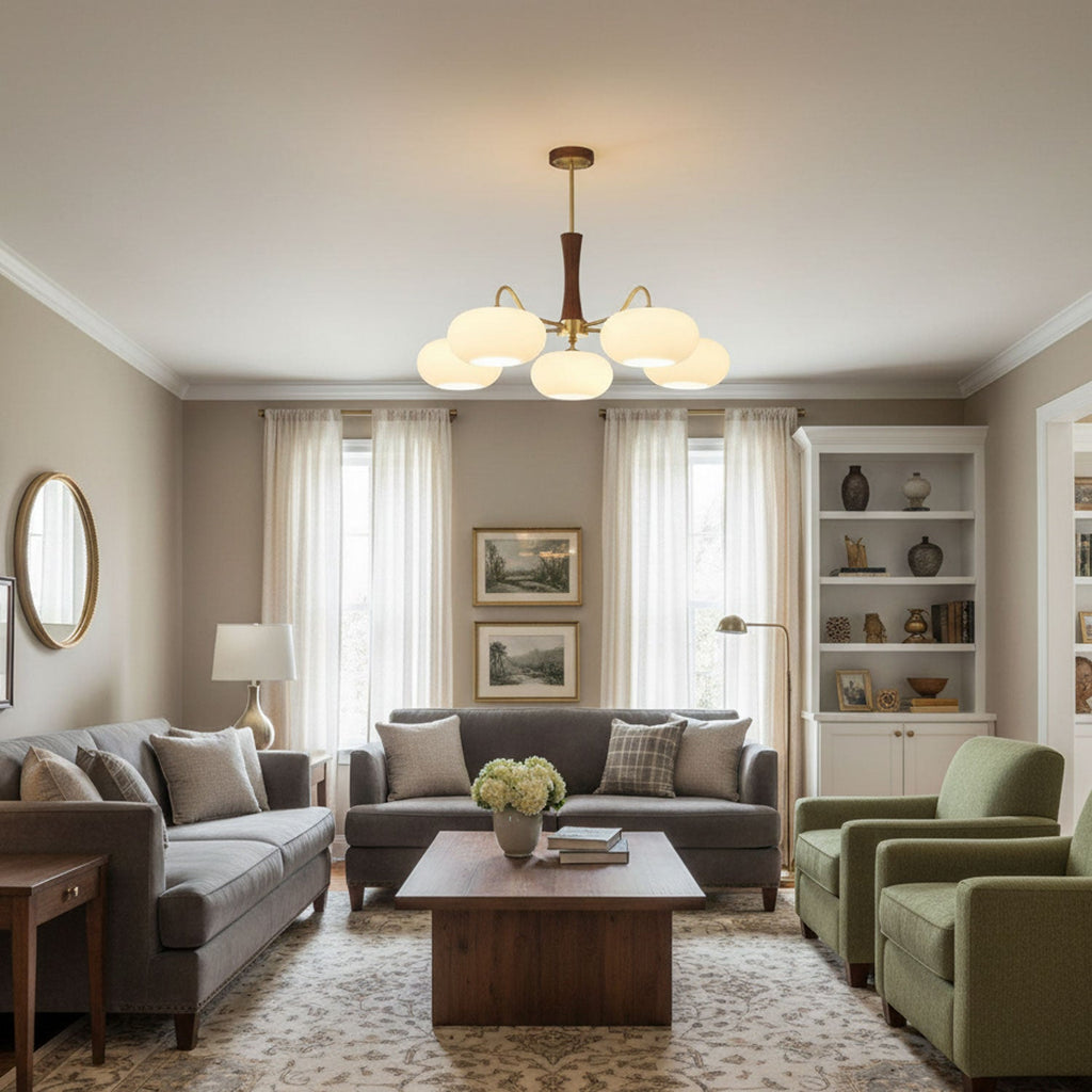 Chandelier, Persimmon Brass & Wood, White Glass Shades, E26/E27