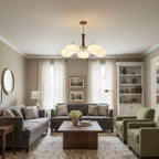 Chandelier, Persimmon Brass & Wood, White Glass Shades, E26/E27