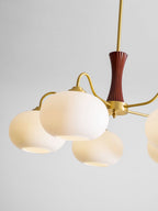 Chandelier, Persimmon Brass & Wood, White Glass Shades, E26/E27