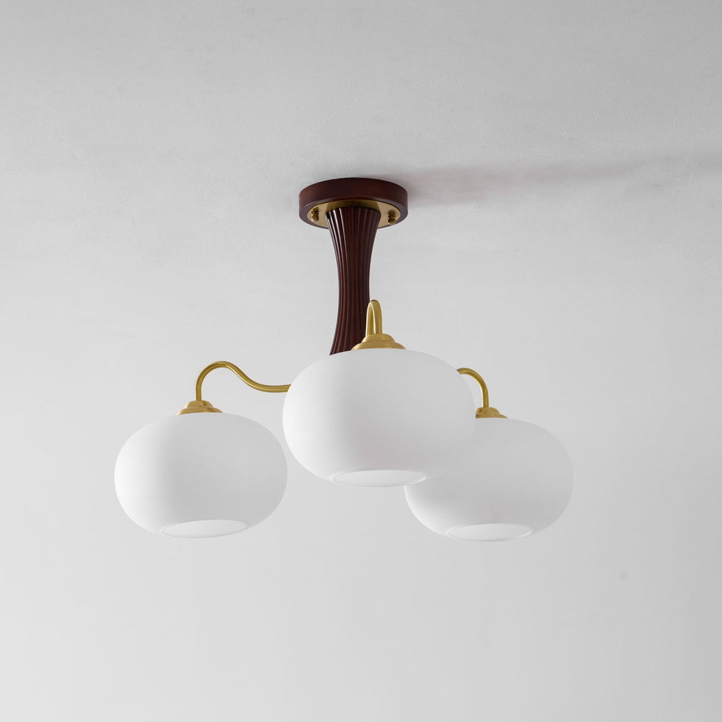 Chandelier, Persimmon Brass & Wood, White Glass Shades, E26/E27
