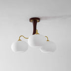 Chandelier, Persimmon Brass & Wood, White Glass Shades, E26/E27