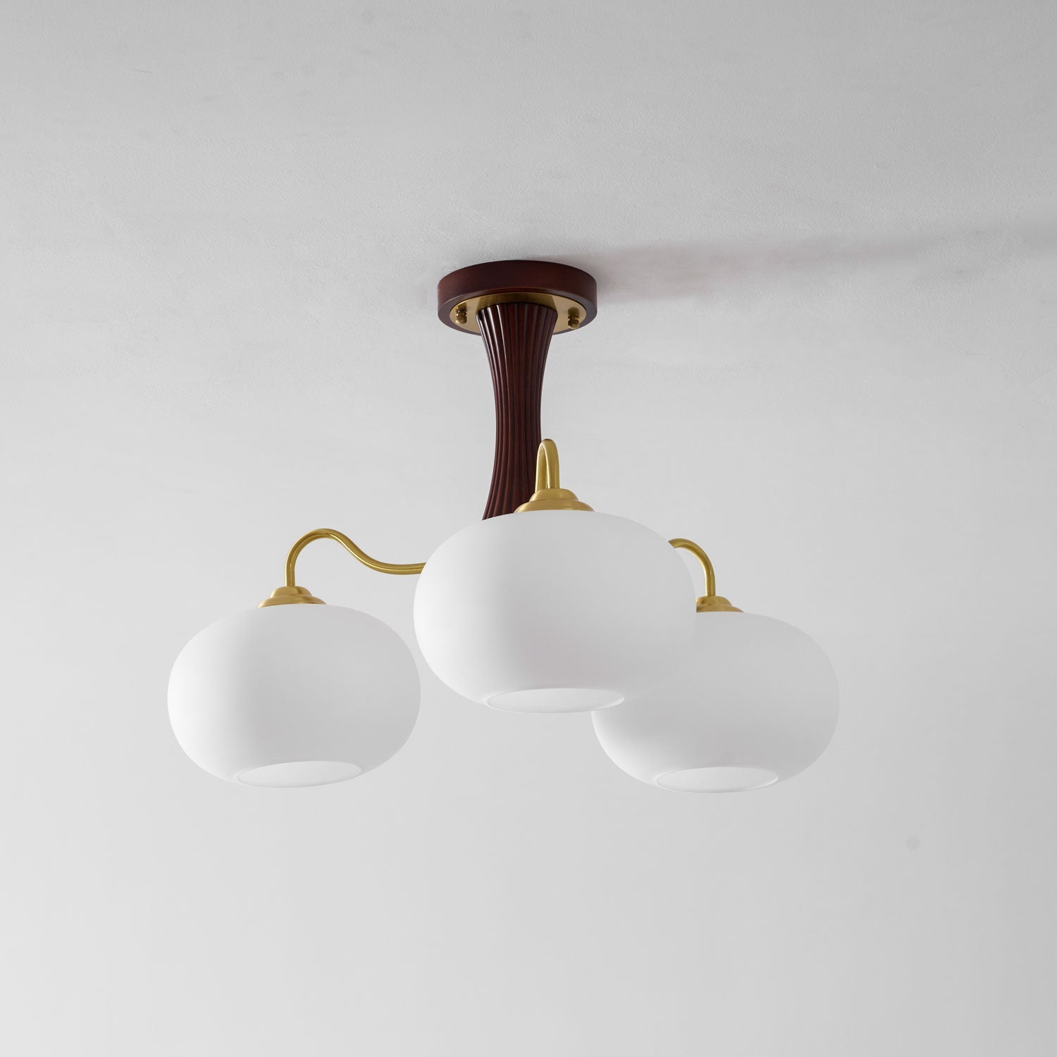 Chandelier, Persimmon Brass & Wood, White Glass Shades, E26/E27
