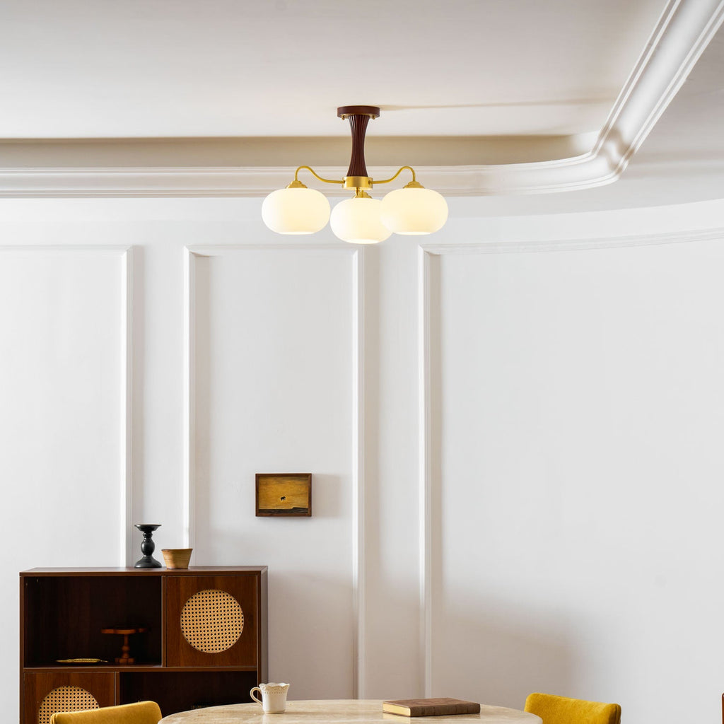 Chandelier, Persimmon Brass & Wood, White Glass Shades, E26/E27