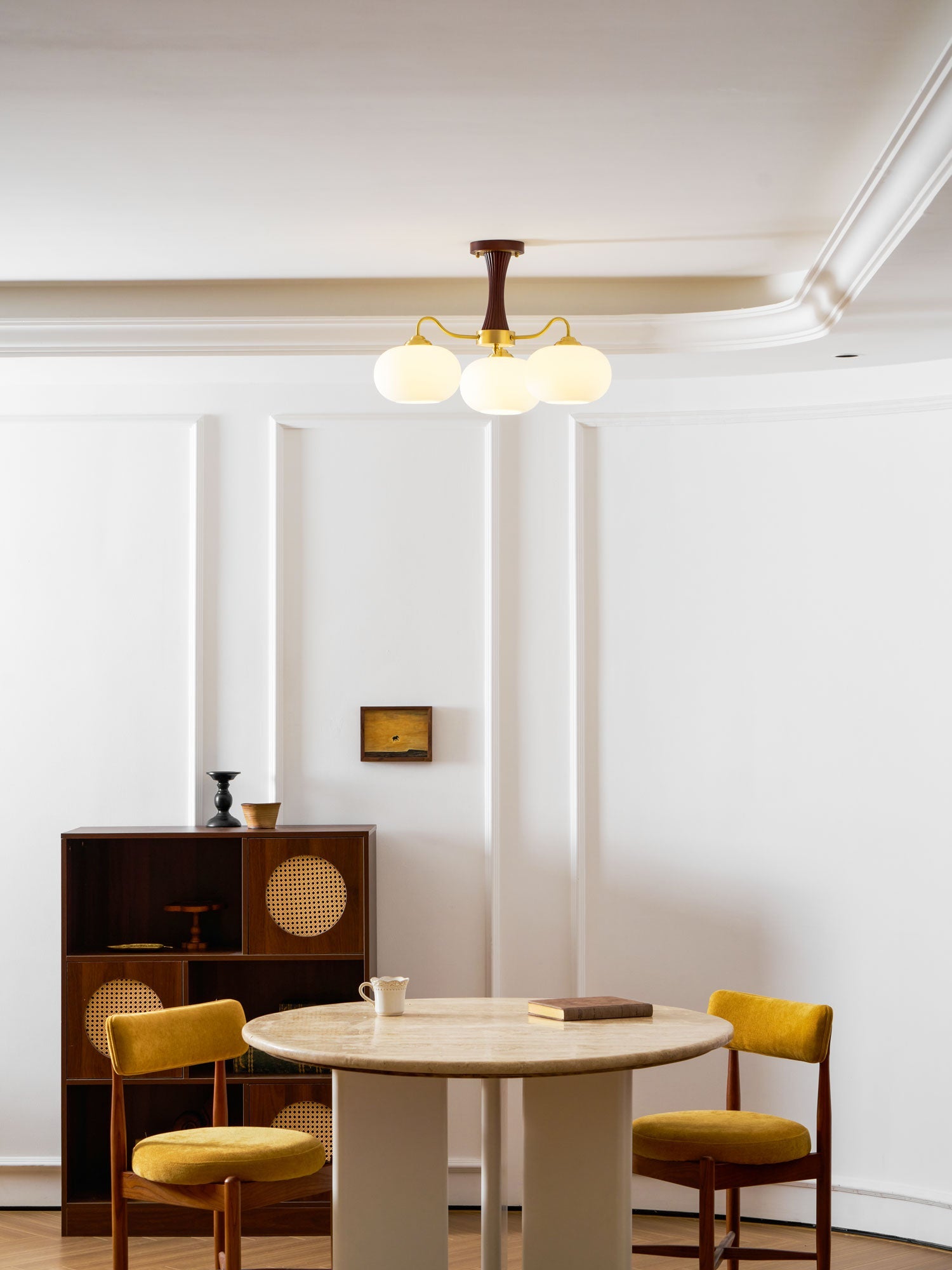 Chandelier, Persimmon Brass & Wood, White Glass Shades, E26/E27
