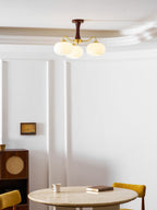 Chandelier, Persimmon Brass & Wood, White Glass Shades, E26/E27