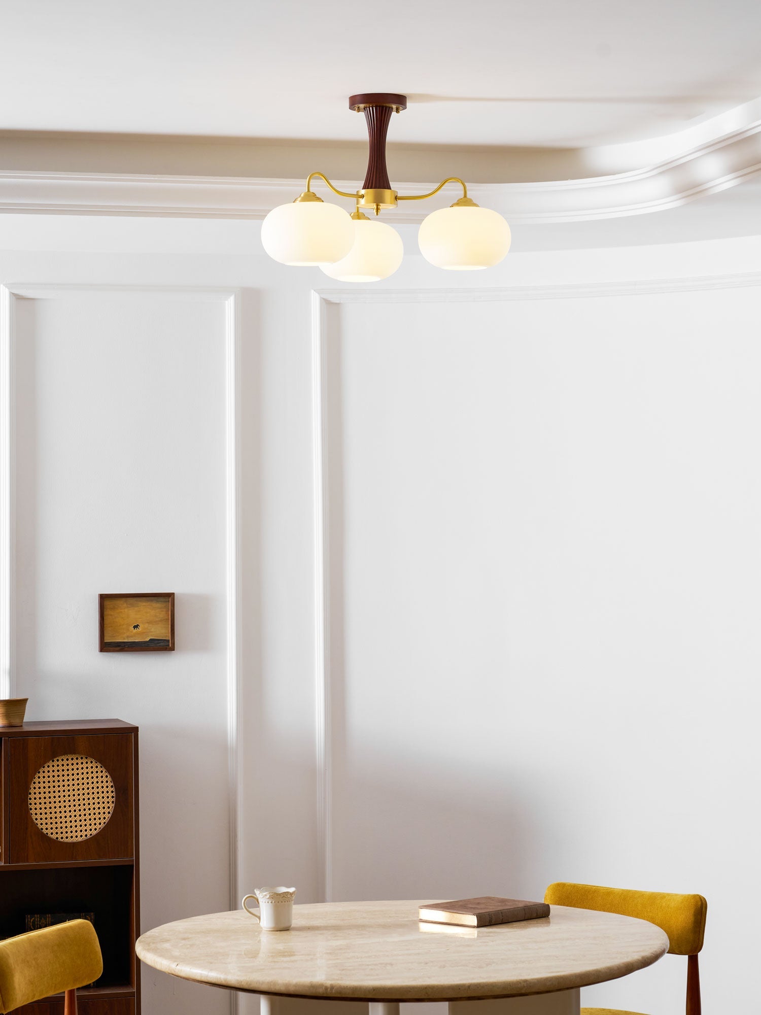 Chandelier, Persimmon Brass & Wood, White Glass Shades, E26/E27