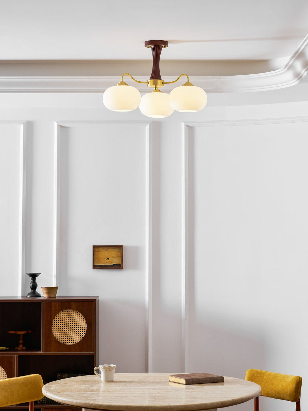 Chandelier, Persimmon Brass & Wood, White Glass Shades, E26/E27