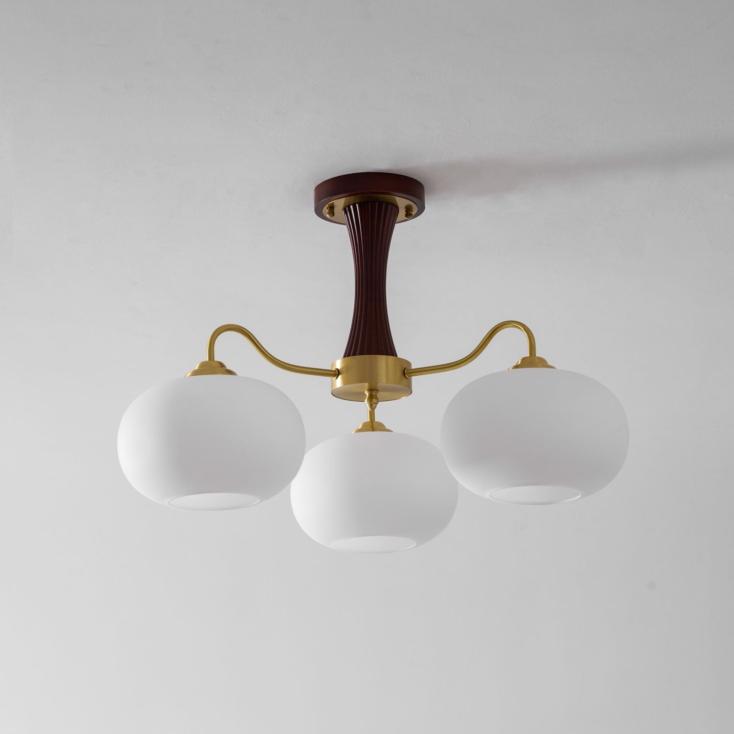 Chandelier, Persimmon Brass & Wood, White Glass Shades, E26/E27