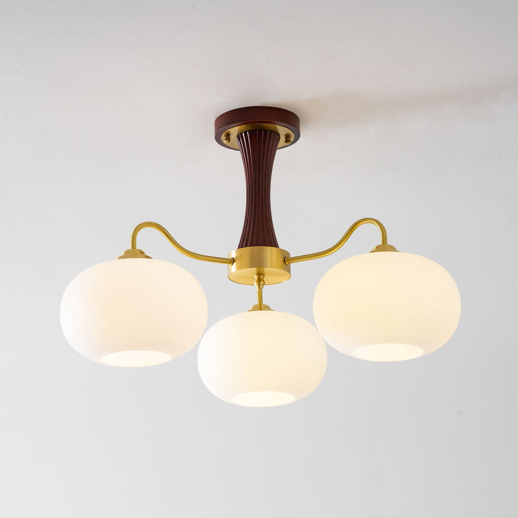 Chandelier, Persimmon Brass & Wood, White Glass Shades, E26/E27