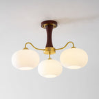 Chandelier, Persimmon Brass & Wood, White Glass Shades, E26/E27