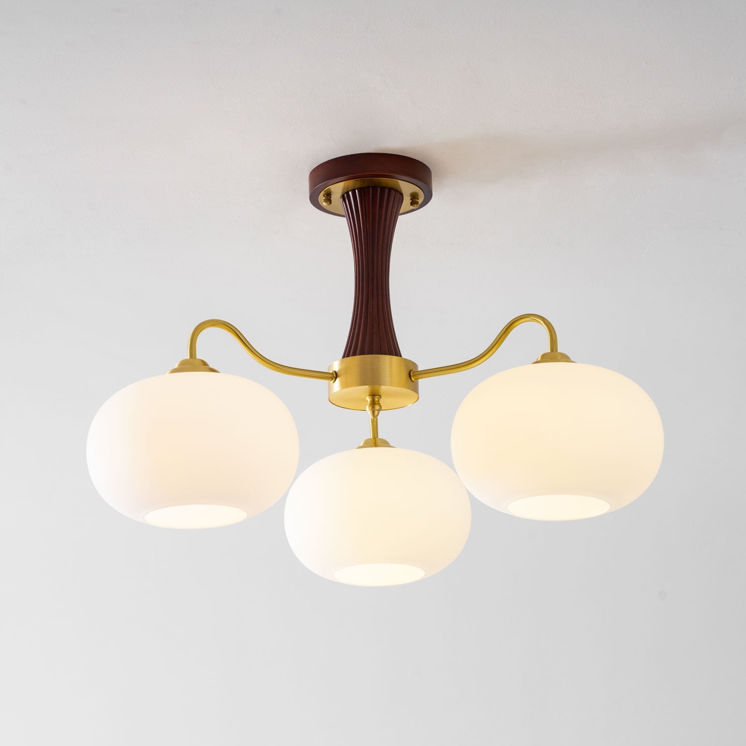Chandelier, Persimmon Brass & Wood, White Glass Shades, E26/E27