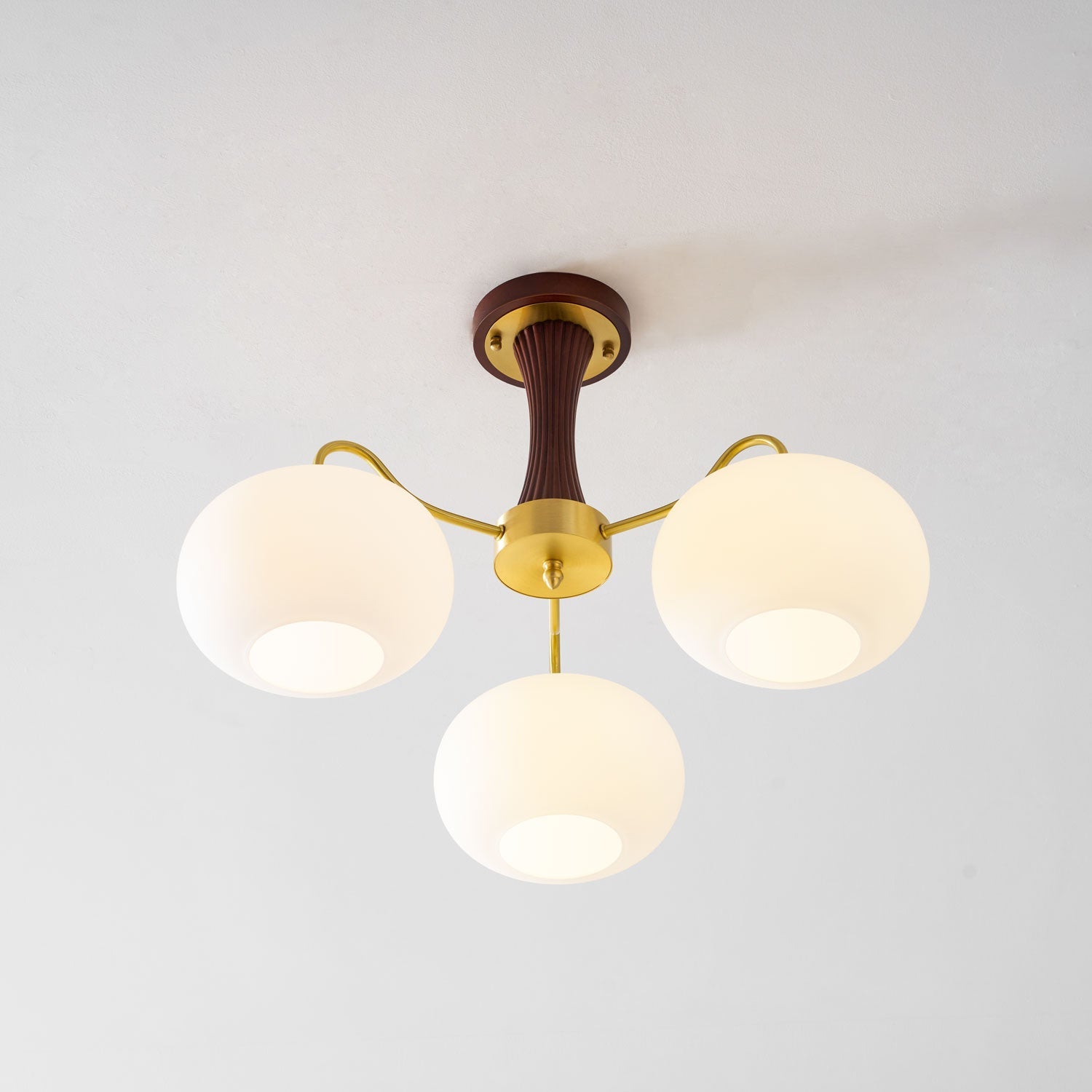 Chandelier, Persimmon Brass & Wood, White Glass Shades, E26/E27